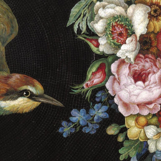 Micromosaic with birds, butterflies and fruit - 8 x 8" mounted print